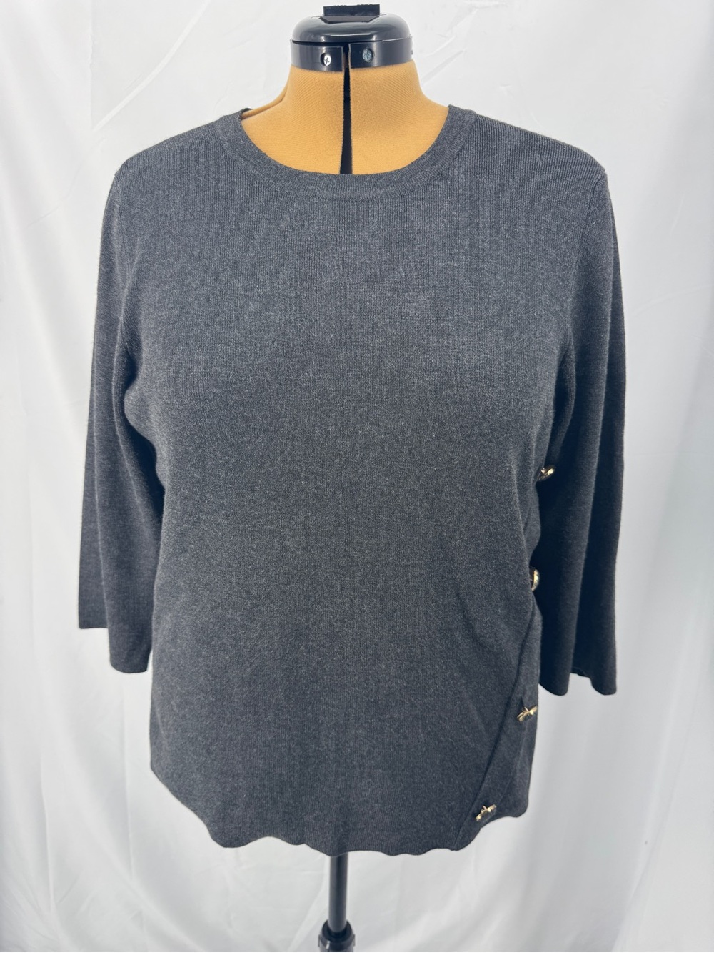 Classic Charcoal Crewneck Women's Sweater with Side Button Detail 0240